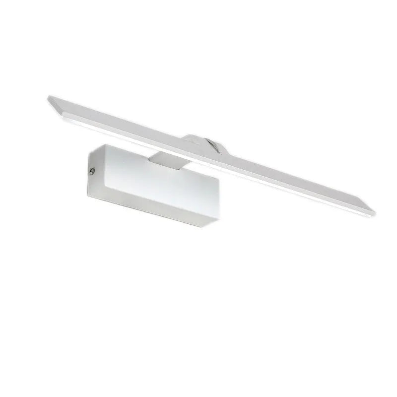 White LED illuminated bathroom mirror headlight mounted on wall, showing even light distribution across its length.
