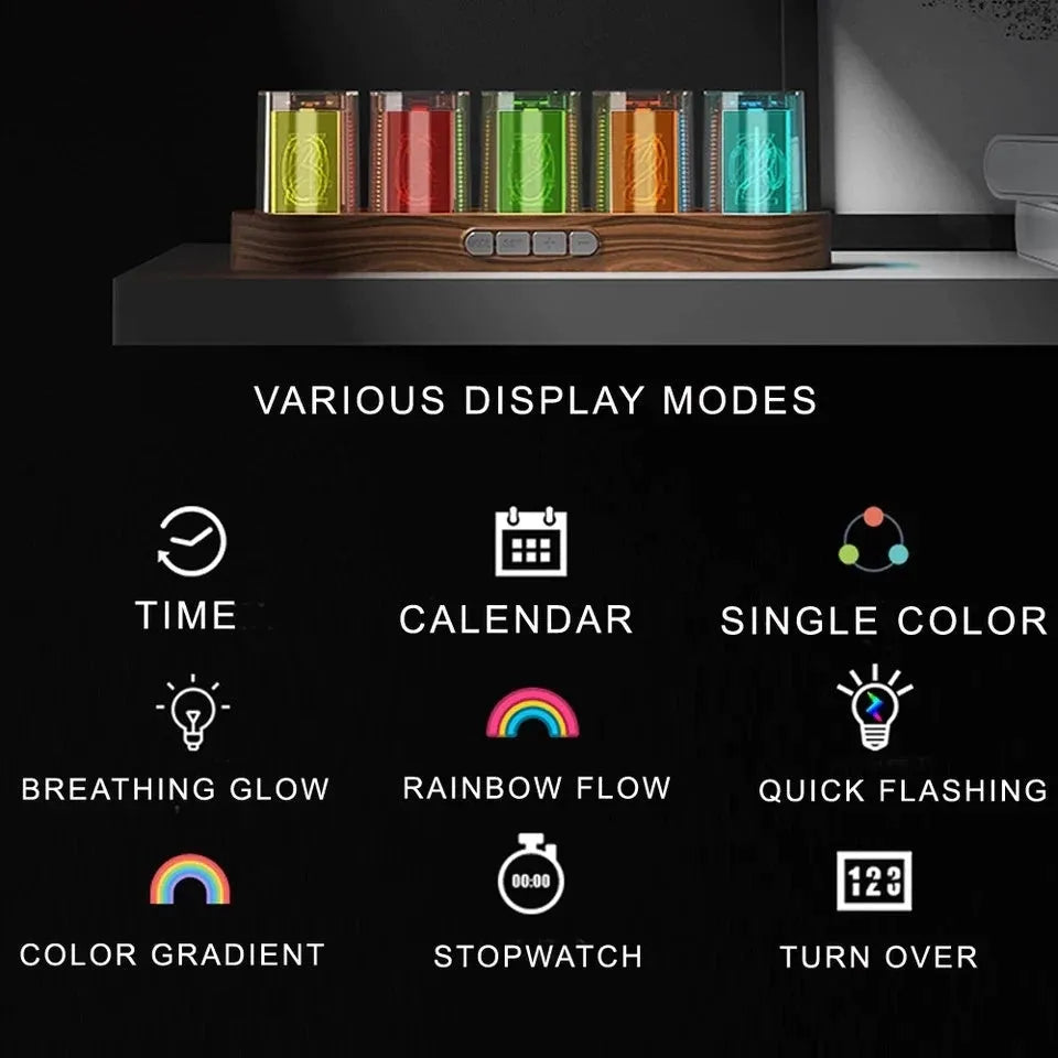 RGB LED digital tube clock displaying time with colourful lighting effects on desk