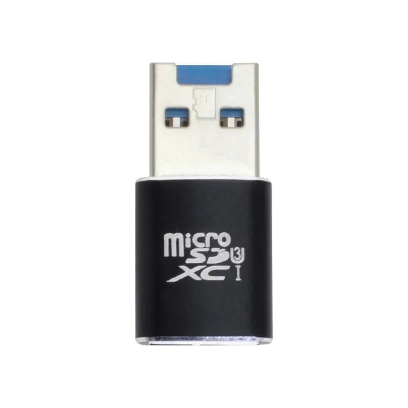 Black USB 3.0 card reader for SD and microSD memory cards on a white background.