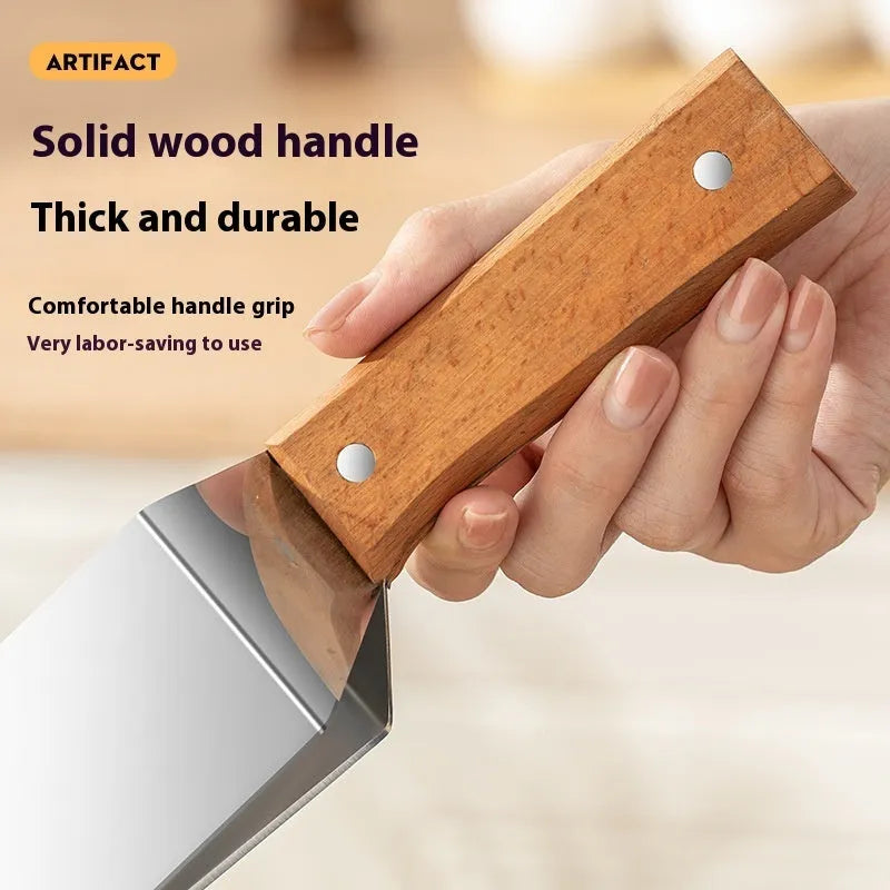 Stainless steel triangle watermelon splitter knife with protective cover.