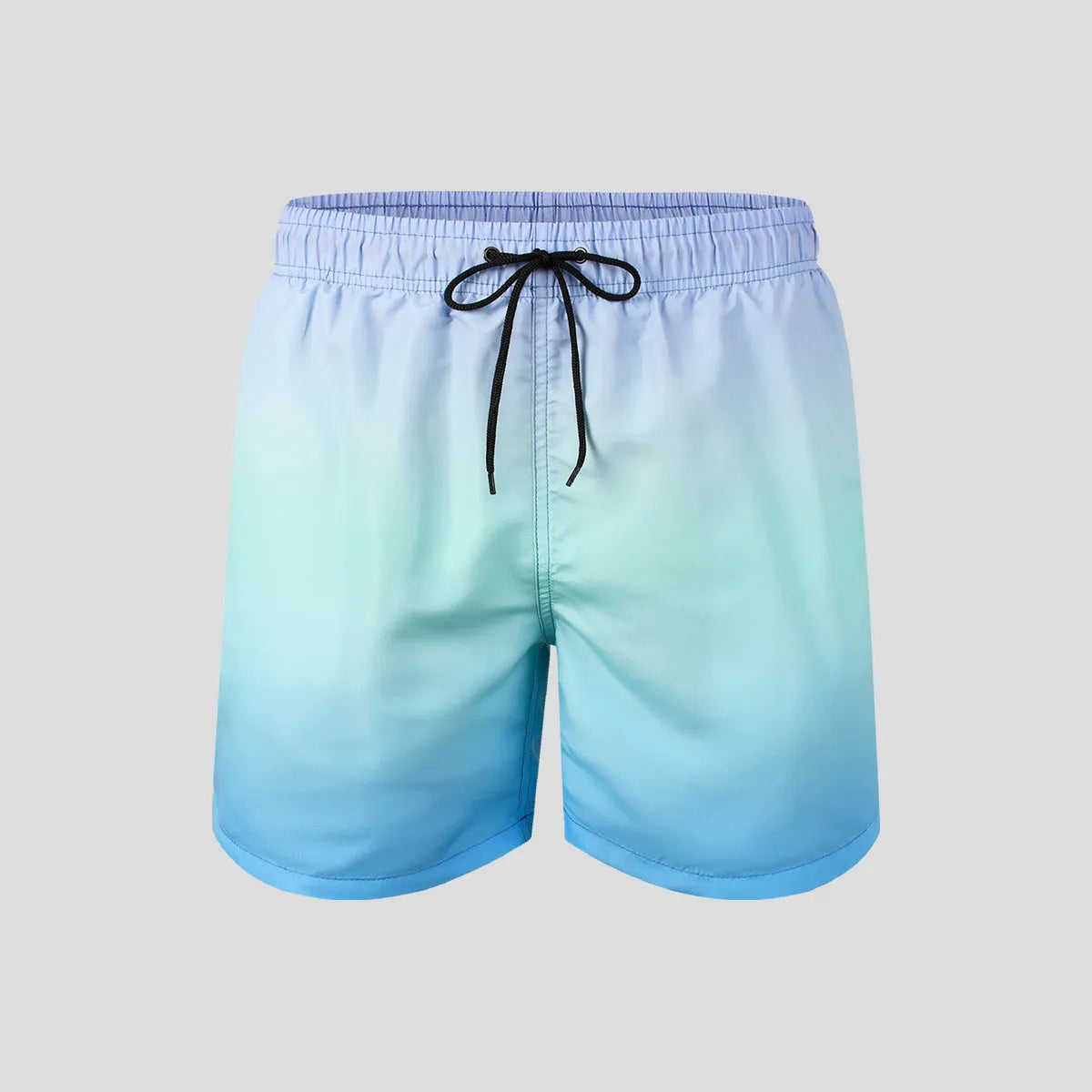 Men's grey gradient colour 3D digital print mesh sports shorts on a white background.