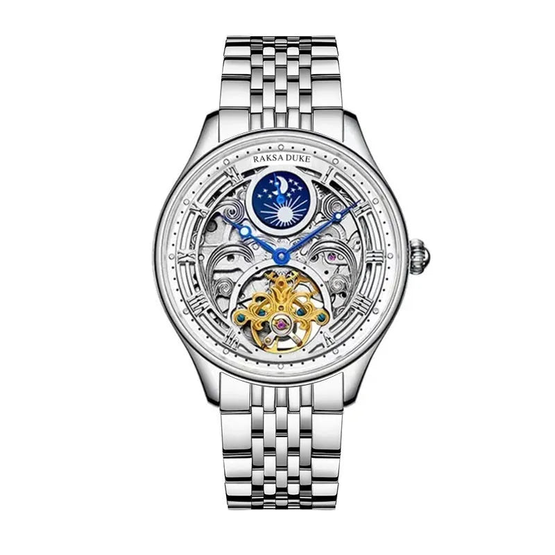 Men's waterproof business watch with 16mm thick case and steel or leather strap options