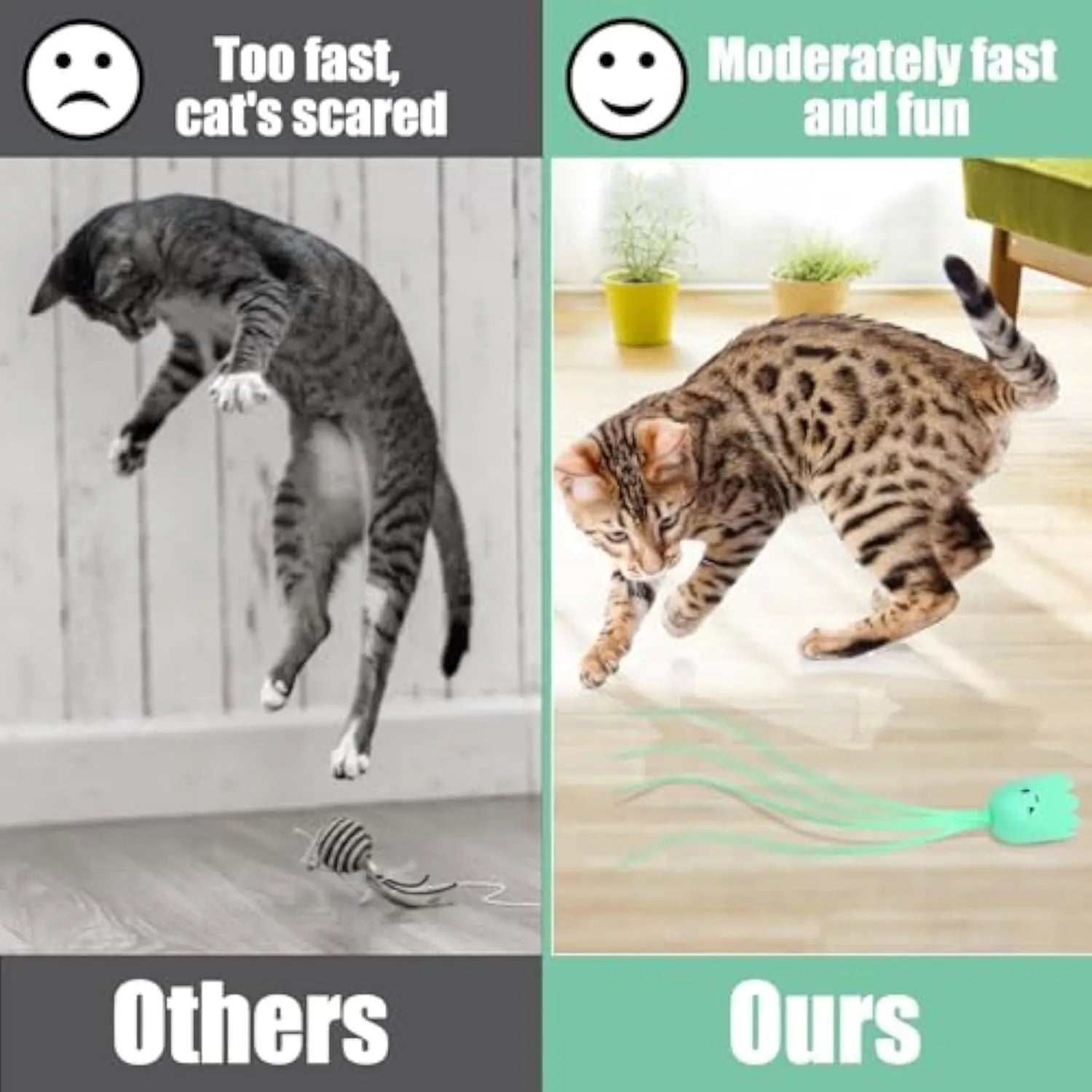 Green electronic cat wand toy with moving silicone tails for indoor cat play