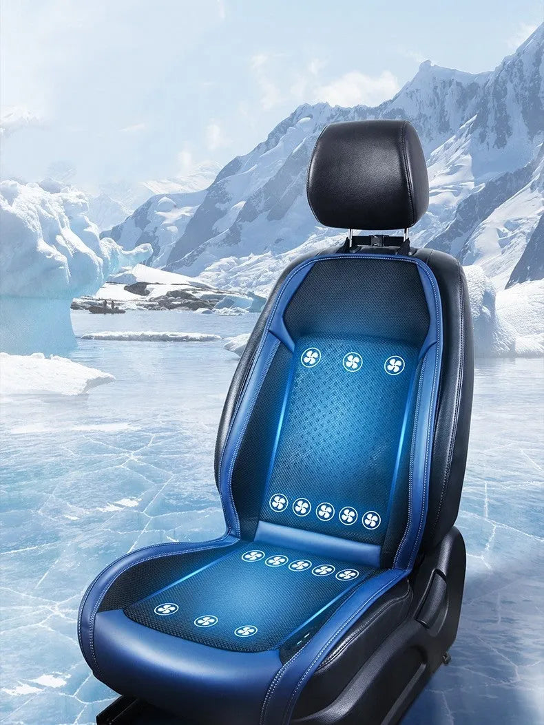 Black minimalist car seat cooling pad with USB power cable for ventilation and massage functions.
