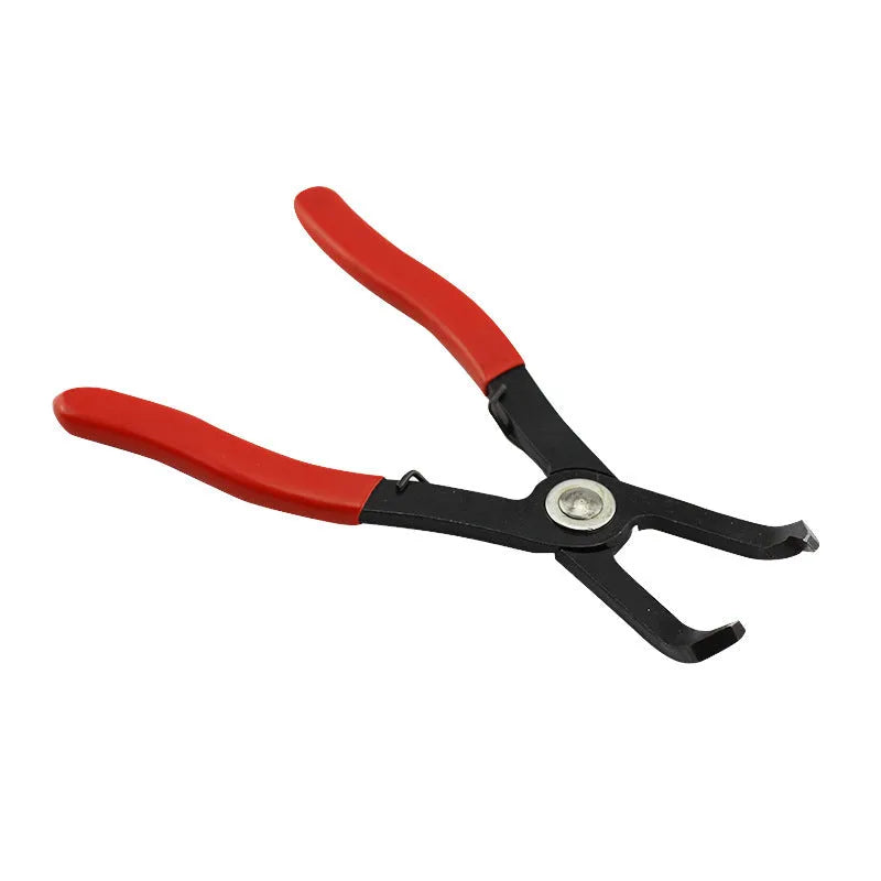 Red round nail removal pliers with PVC handles and adjustable jaws for interior trim work