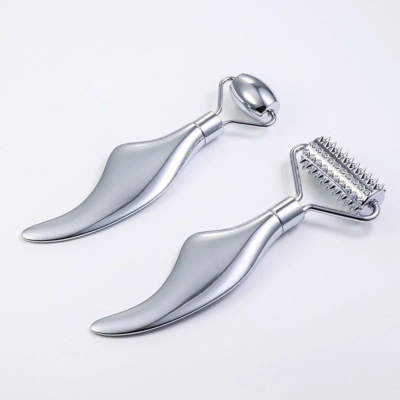 Stainless steel heart-shaped facial massage roller and 3cm scraping plate set for acupressure