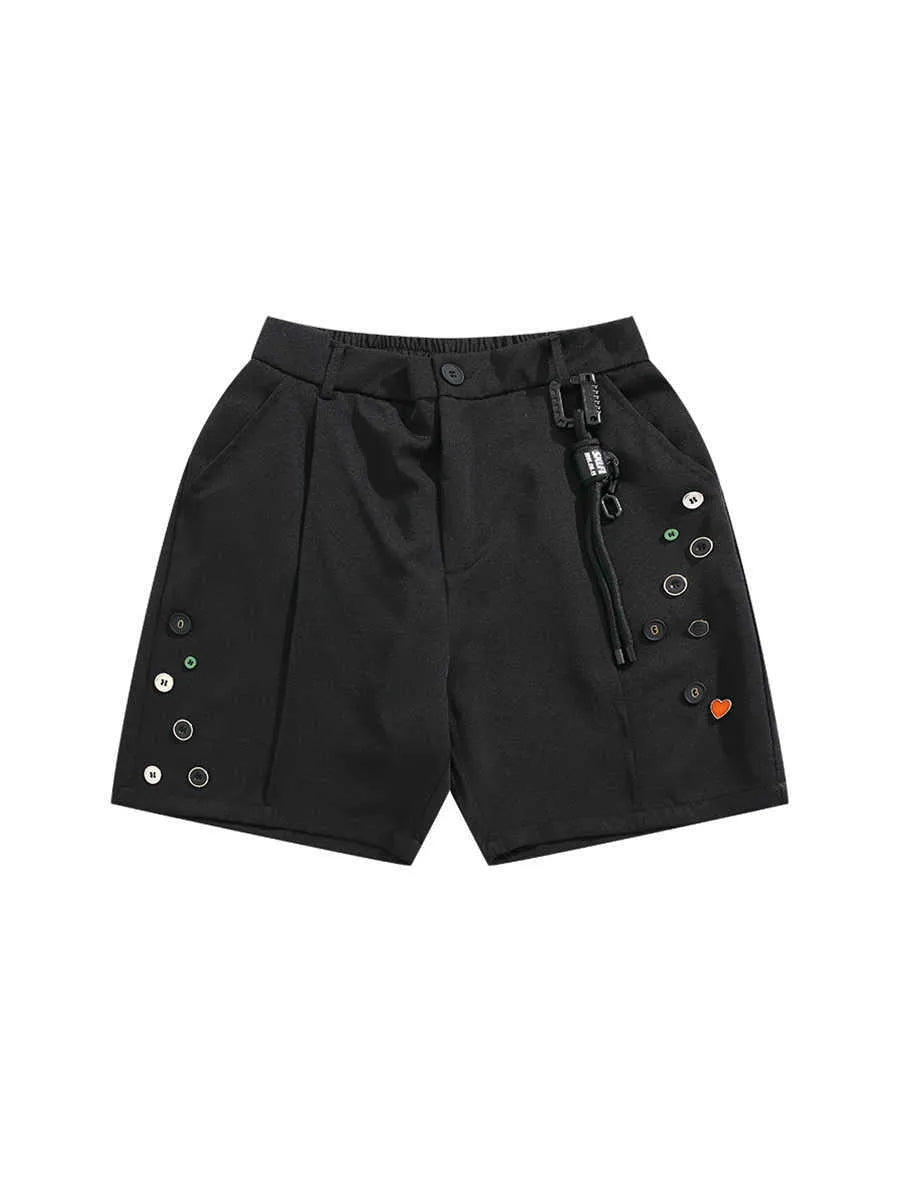 Black men's casual shorts with a semi-elastic waistband and zip fly, shown with a loose, straight-leg fit.