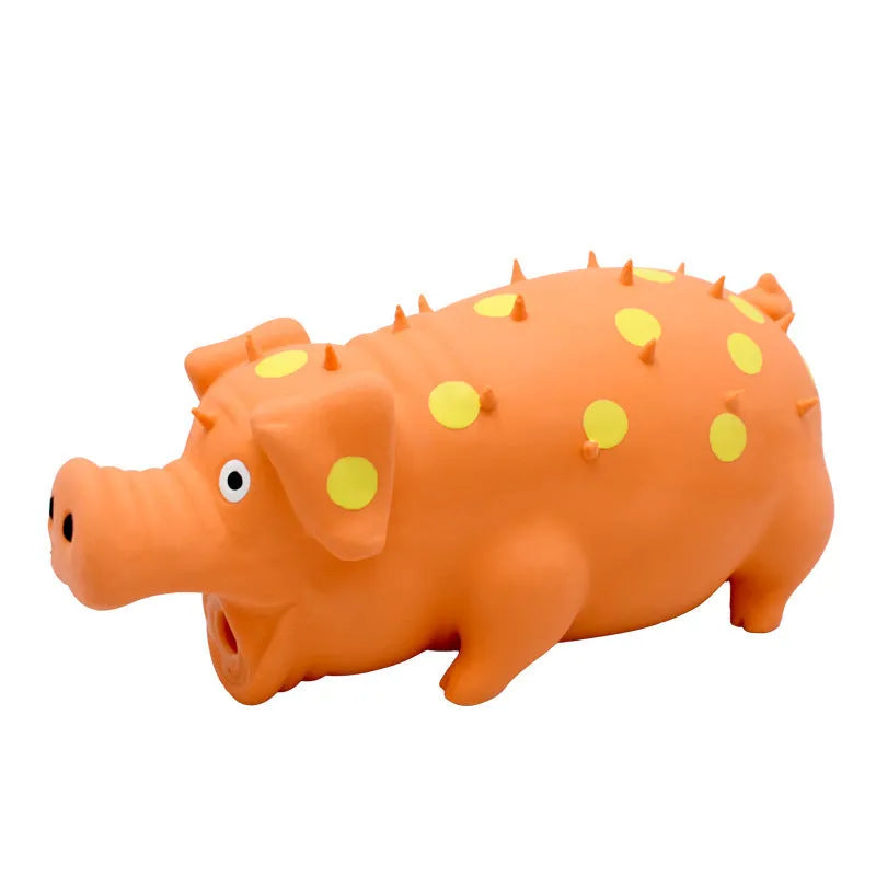 Blue latex squeaky pig-shaped dog chew toy with textured surface for teeth cleaning.