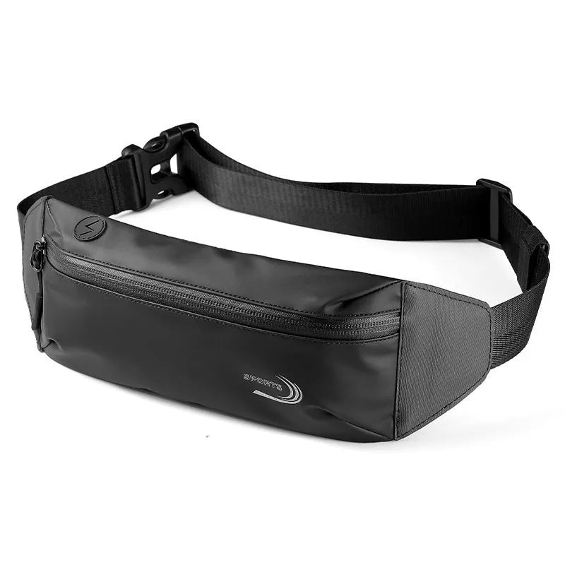 Men's black waterproof sports waist bag with bungee cord waistband on a grey background