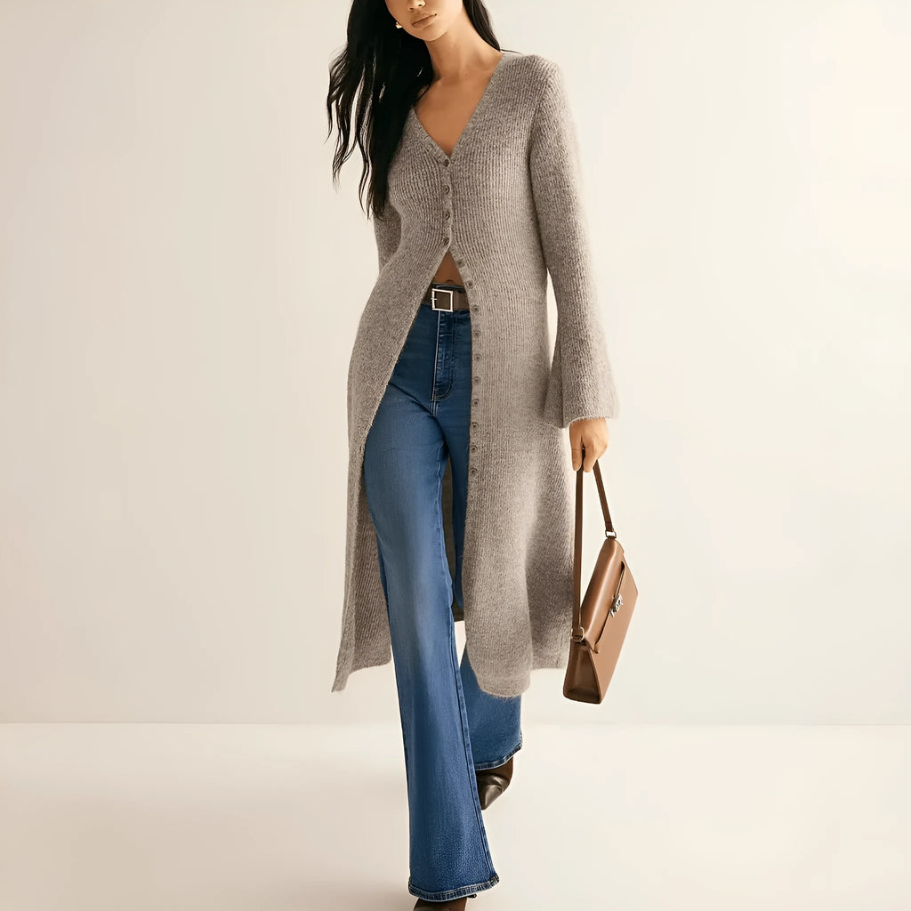 Khaki long sleeve coat cardigan with button front, shown in a retro elegant style.