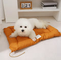Tied dog cage cushion in beige colour showing platform design and attachment ties for metal pet cages