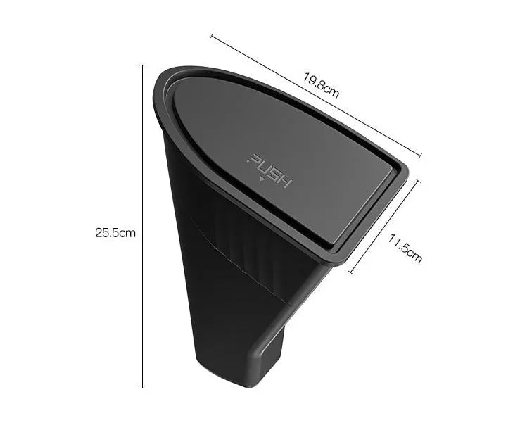 Two black ABS plastic storage and trash can bins designed for the front door panels of a Tesla Model Y.