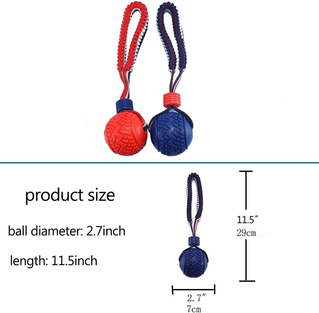 Blue natural rubber dog ball attached to a rope for tug-of-war and dental cleaning.