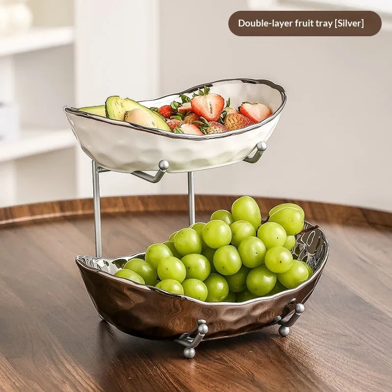 Multi-layer porcelain fruit tray with gold or silver electroplated stone texture frame