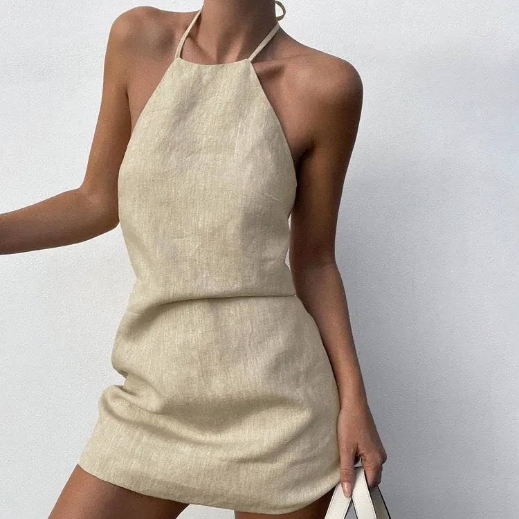 Women's solid colour A-line dress in cotton linen fabric for summer wear