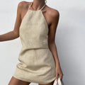 Women's solid colour A-line dress in cotton linen fabric for summer wear