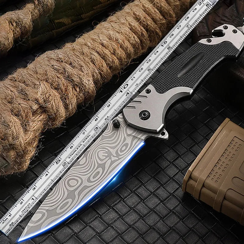 Alloy folding knife with a 225mm blade shown open, displaying its 60-degree tip angle.