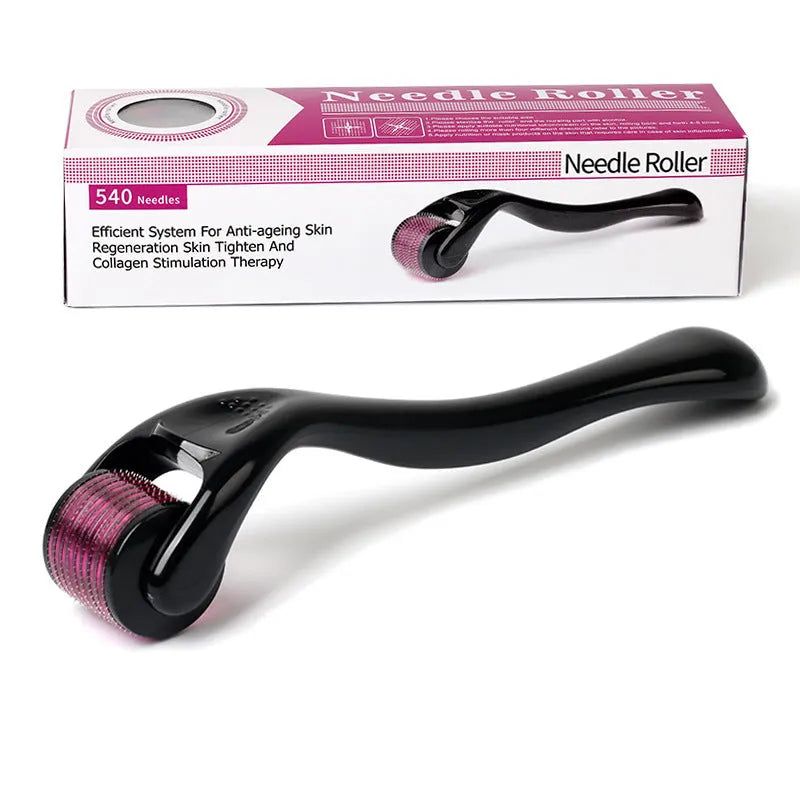 Black and purple derma rollers with 540 titanium microneedles, showing six needle size options from 0.2mm to 1.0mm.