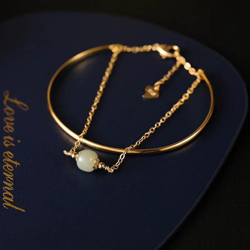 Women's jade lucky beads bracelet with gold inlay design in single, double, and three bead versions