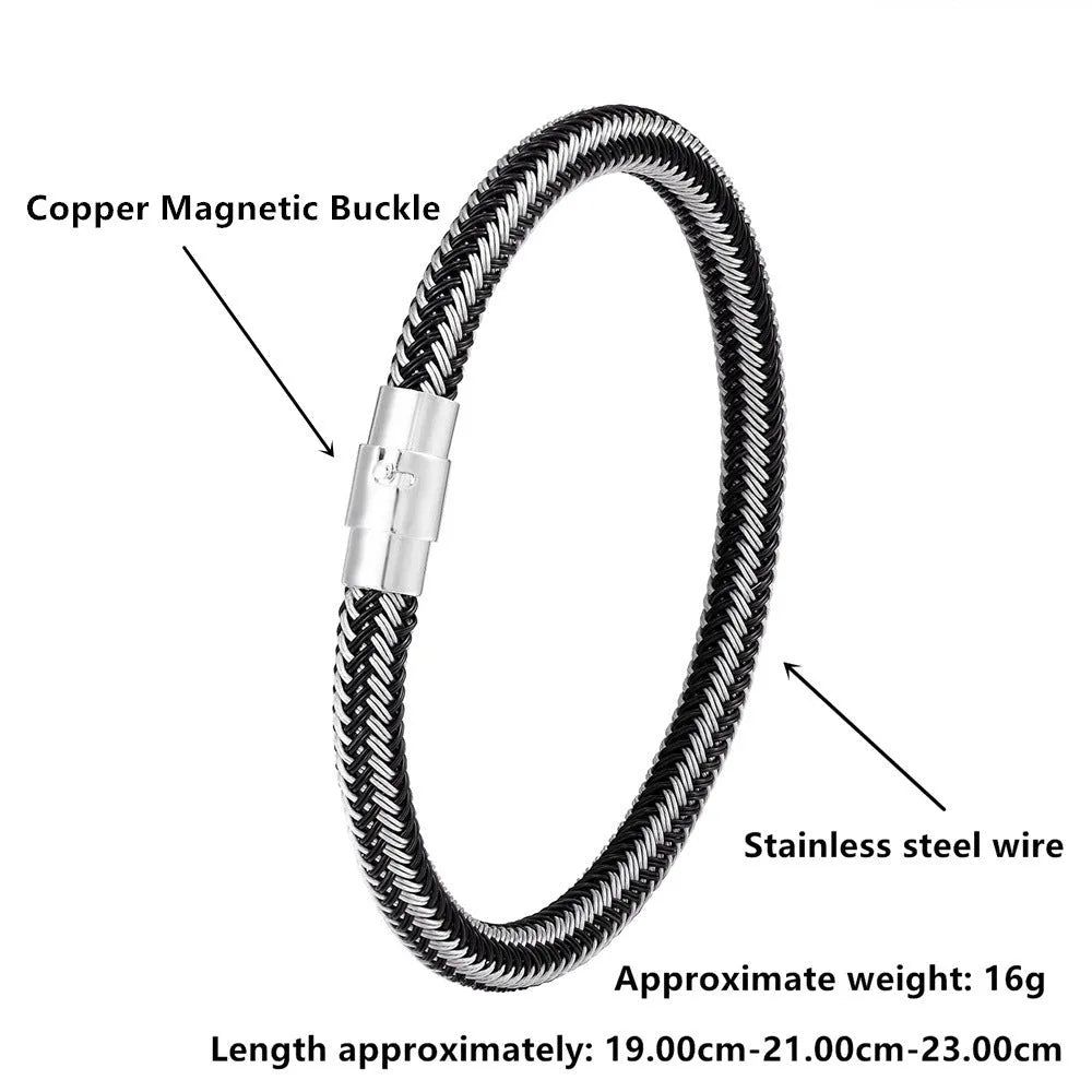 Geometric titanium steel wire bracelet with hidden magnetic clasp on a wrist, showing matte grey finish.