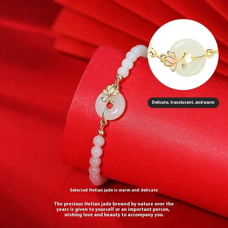 Orchid Hetian Jade S925 sterling silver magnolia round beads bracelet Chinese style for women B1893