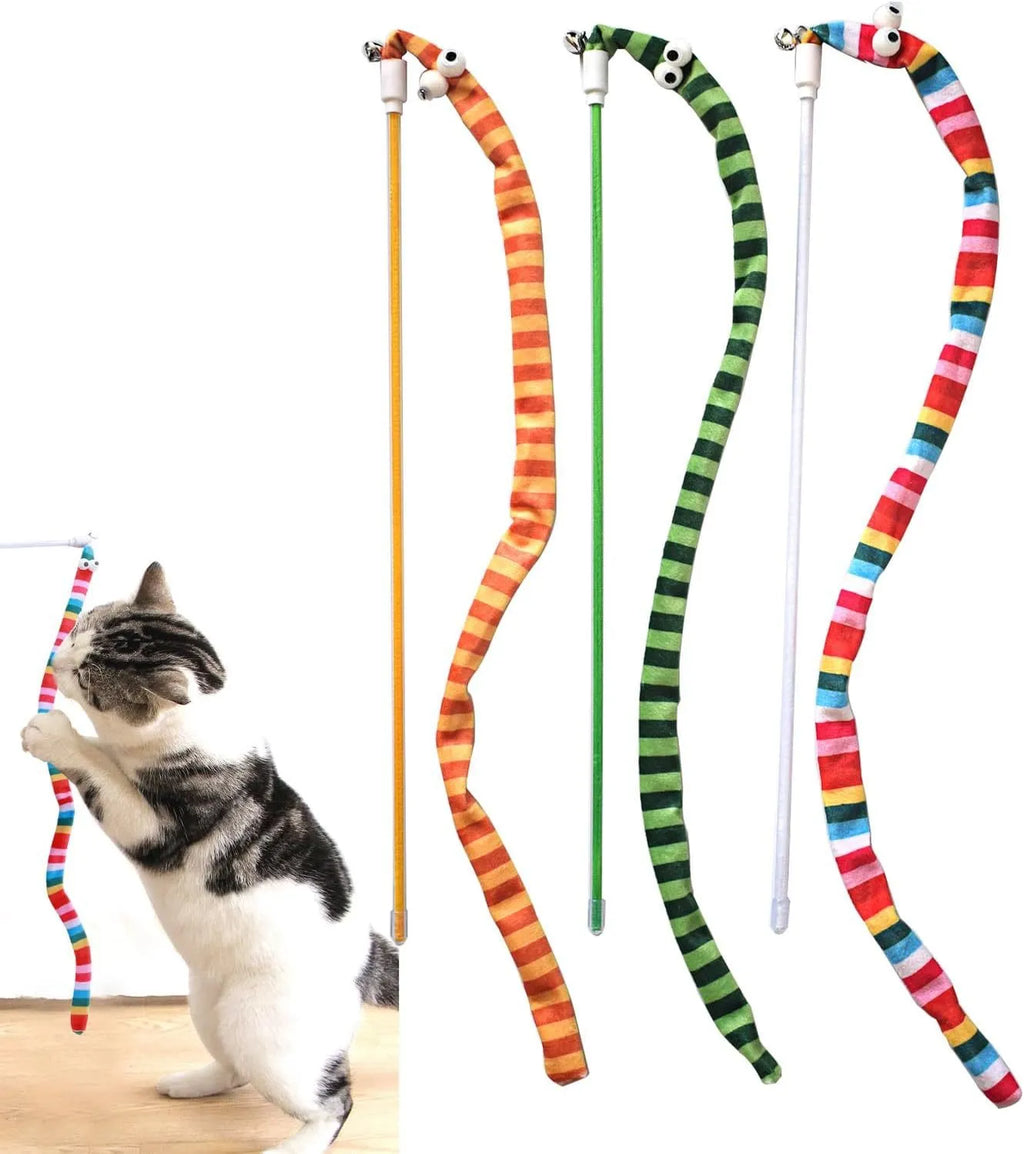 Cat wand teaser toy with long plush strip on a polycarbonate pole, shown in vibrant colours.