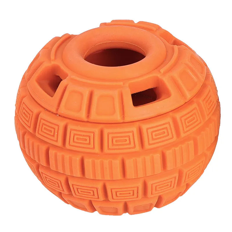 Green natural rubber dog dropping ball toy showing dimensions and texture