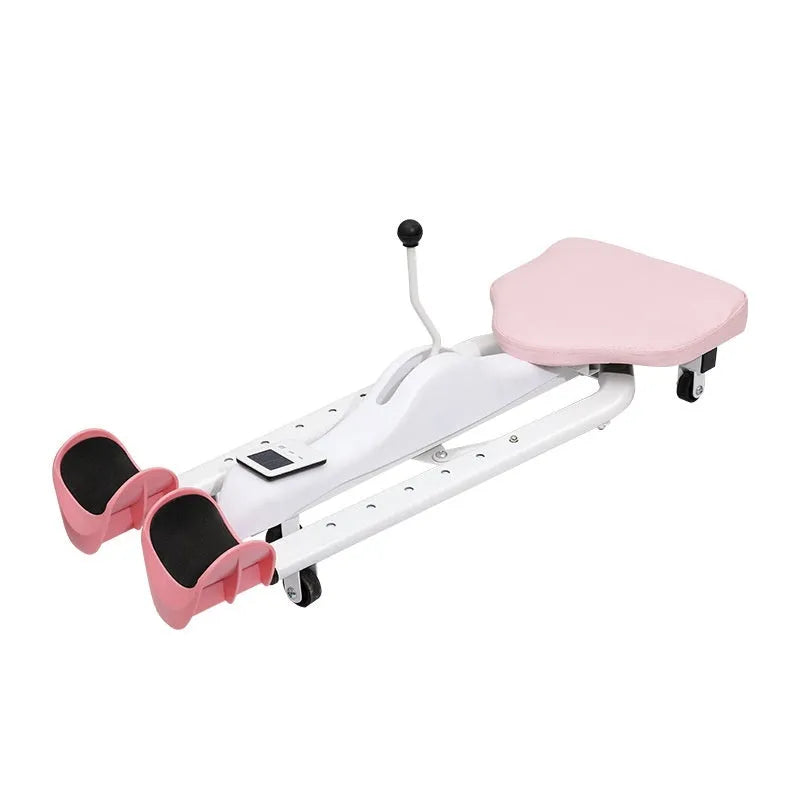 Pink and blue leg stretching equipment with steel frame and foam padding, shown with and without a backrest.