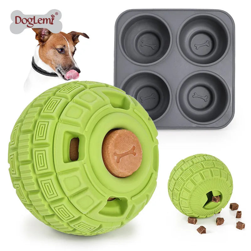 Green natural rubber dog dropping ball toy showing dimensions and texture