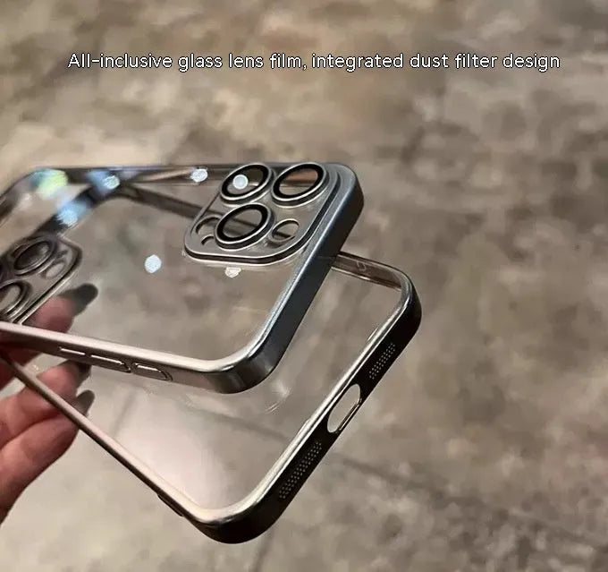 Electroplated frosted edge PC phone case in original machine gray for iPhone, showing all-inclusive back and side coverage