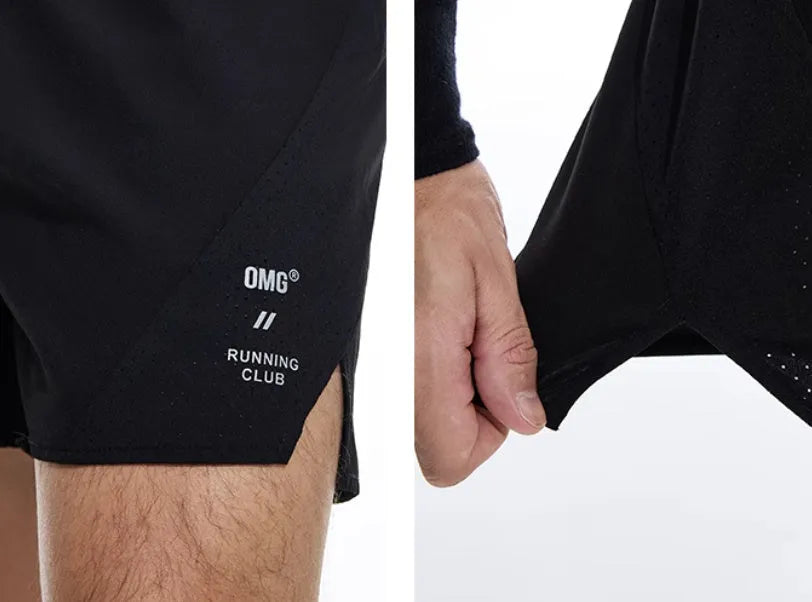 Black and blue four-point stretch running shorts with laser stitching detail for training.