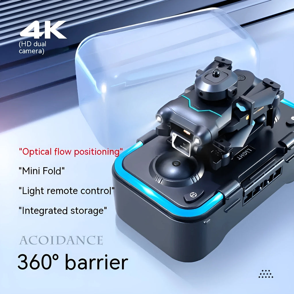 Black four-axis mini drone with cameras, showing obstacle avoidance sensors and compact plastic body.