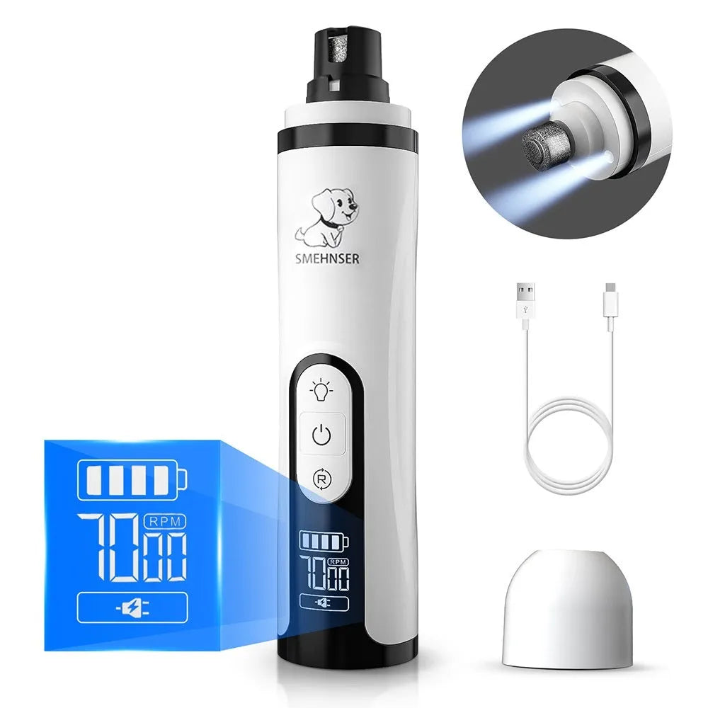 Electric dog nail grinder with LCD screen, LED lights, and dust collection bin on a white background.