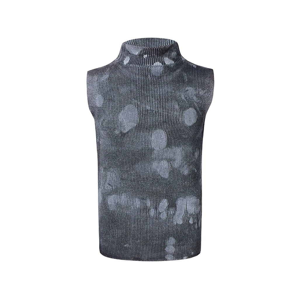 Men's black sleeveless wool vest t-shirt with silver pastebrushing effect and a stand collar
