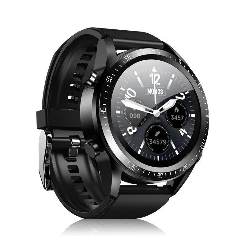 Black smart watch with blood pressure monitoring on a silicone strap, showing a 1.28-inch screen.