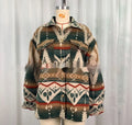 Women's loose fit retro woolen coat with Aztec print in Army Green colour