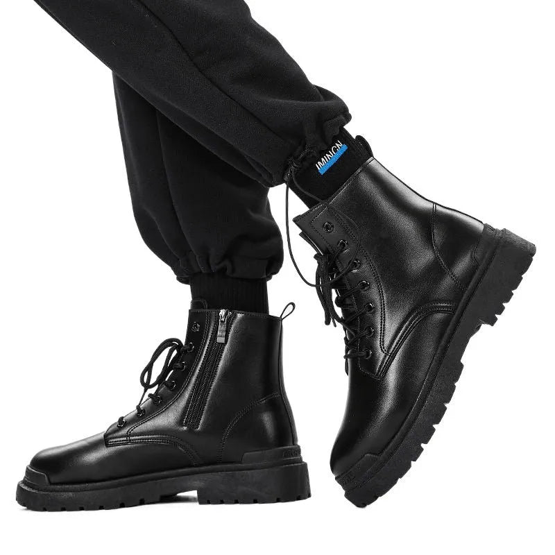 Men's black mid-top leather-look Tide British boots with a flat style and rubber sole.