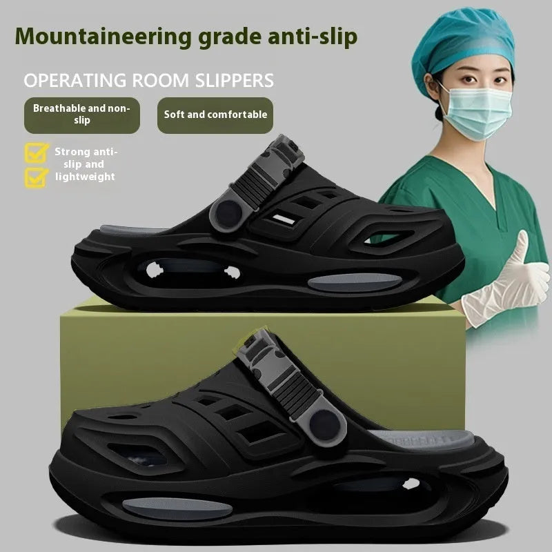 Men's summer outdoor EVA hole slippers in black with non-slip injection-moulded sole and closed toe cap