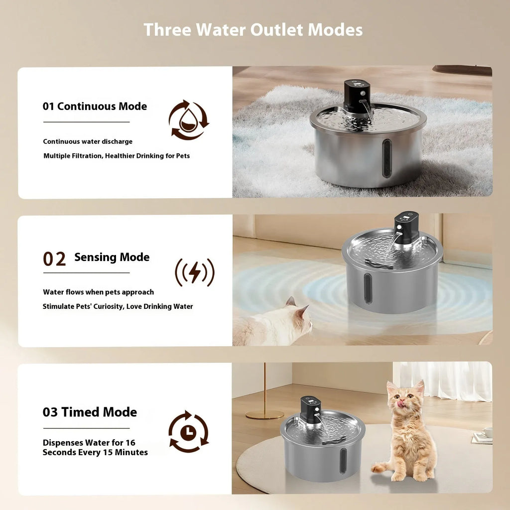 Stainless steel pet water fountain with a white heating base on a kitchen counter.