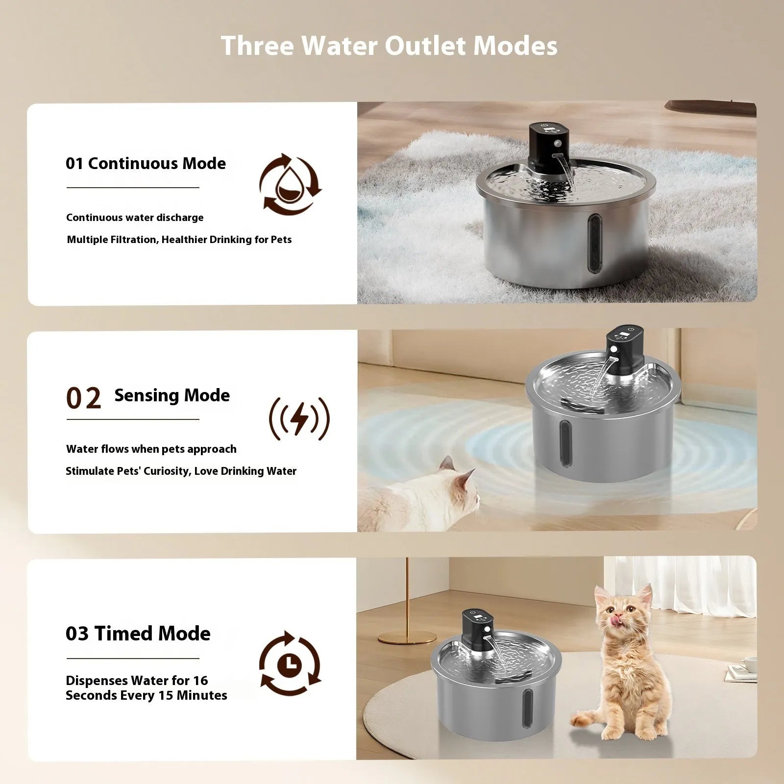 Stainless steel pet water fountain with a white heating base on a kitchen counter.