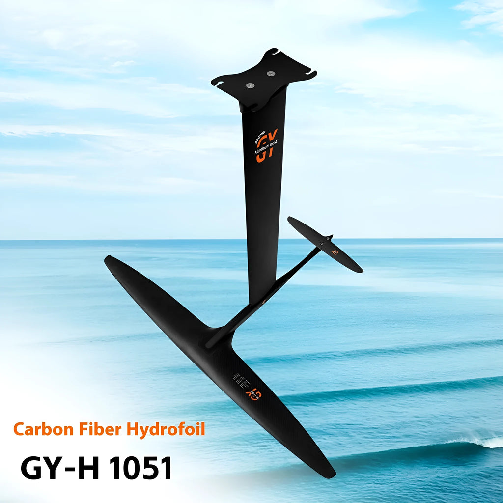 Black carbon fibre racing hydrofoil with 1051mm aluminium front wing for unpowered surfing