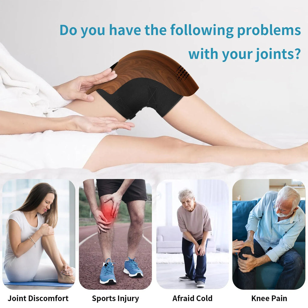 White rechargeable electric knee massager with infrared laser and heating for pain relief.