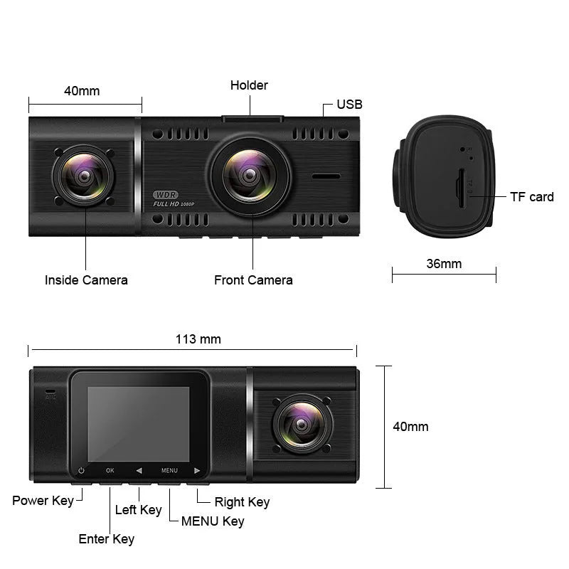 Black dual-channel dash cam with 1.5-inch screen mounted on car windscreen, showing front and rear view.
