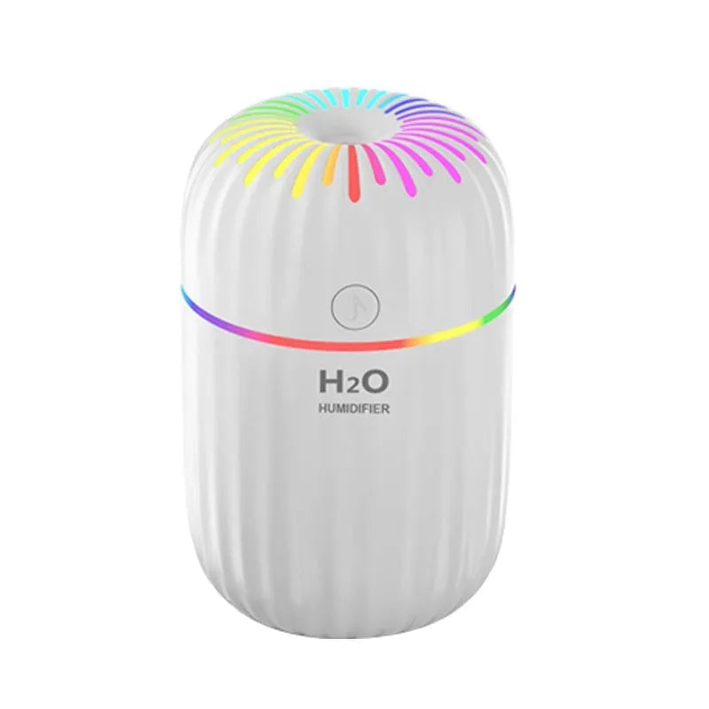 Compact white USB-powered mini humidifier with water tank on a wooden desk.
