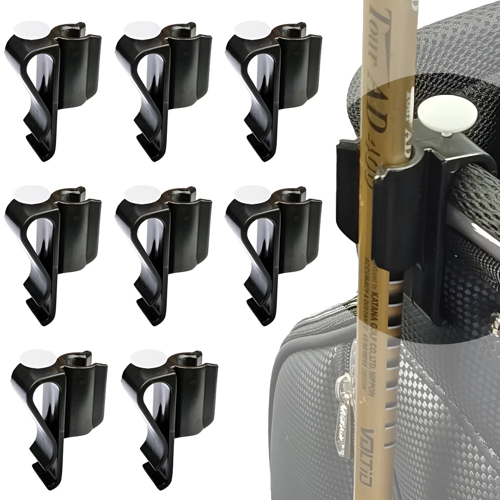 Black plastic golf putter fixing clip holder attached to a golf bag