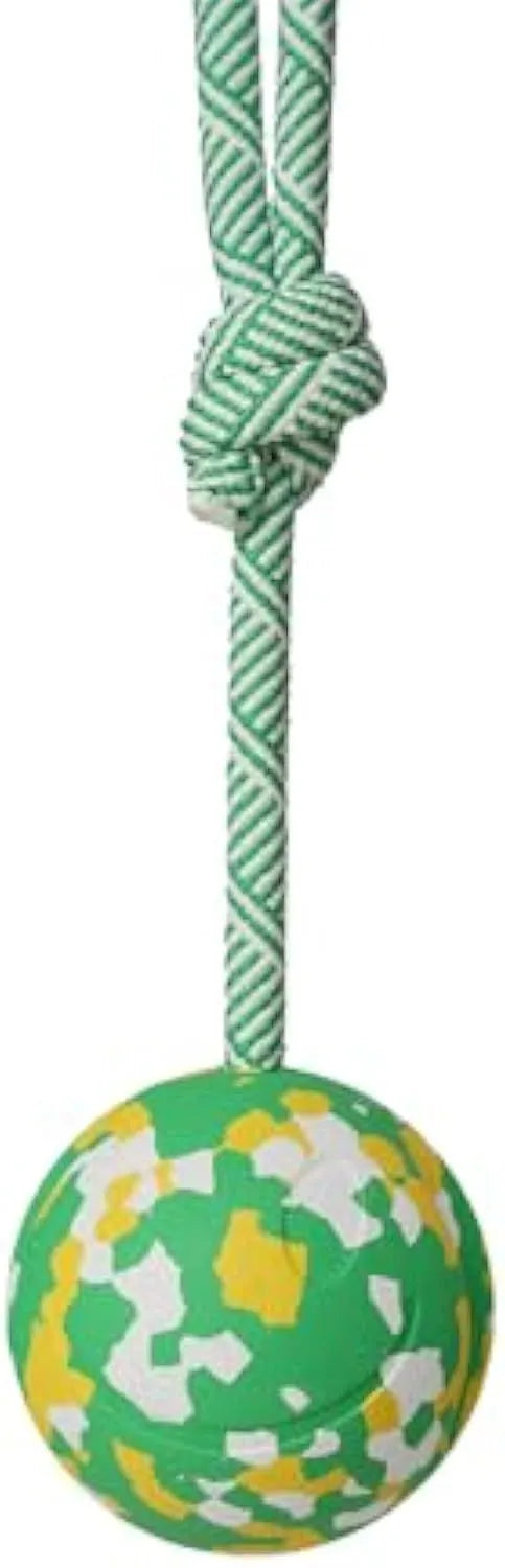 Natural rubber dog ball on nylon rope for interactive fetch and tug games