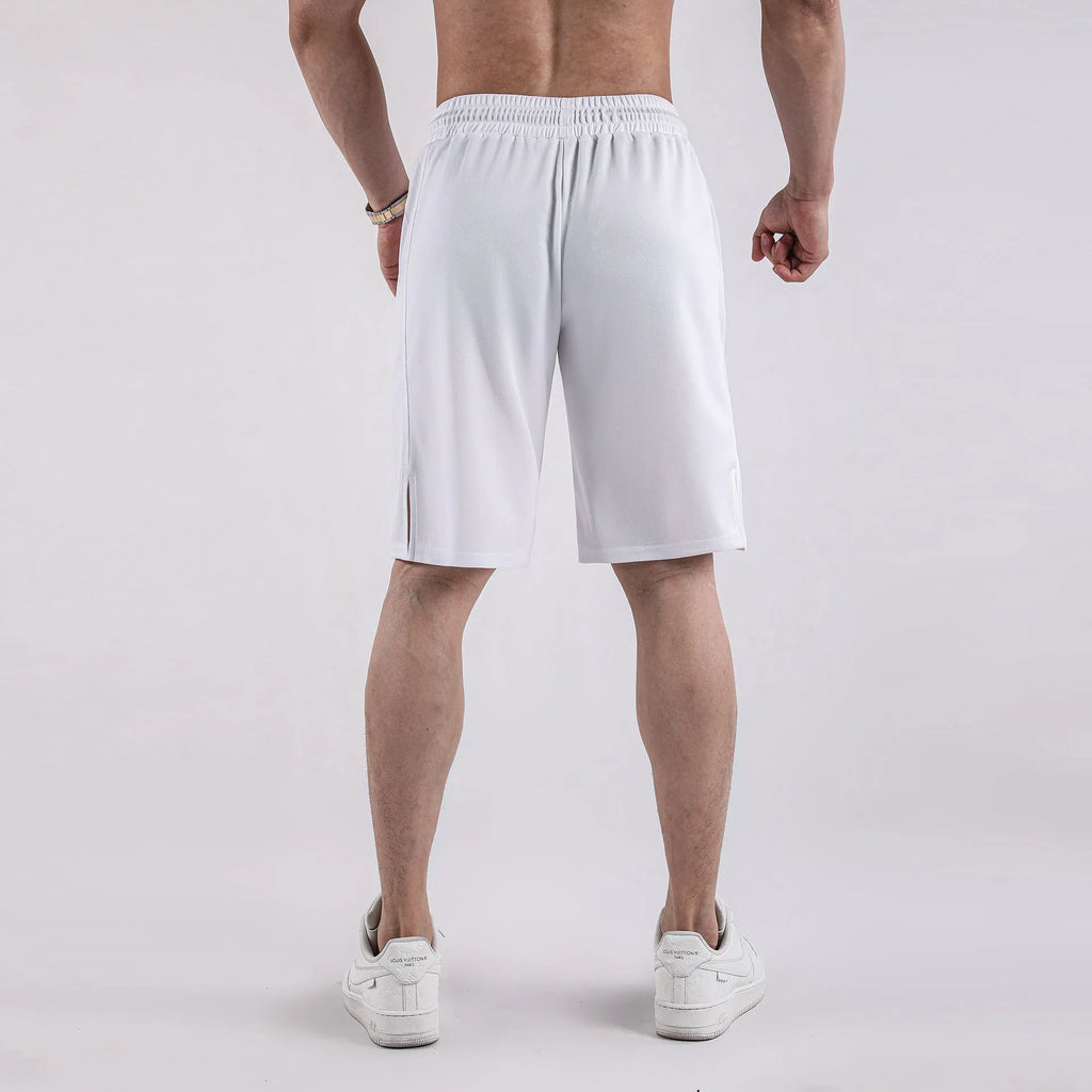 Men's black quick-dry mesh capri shorts with an elastic waistband, shown in a loose, casual fit.