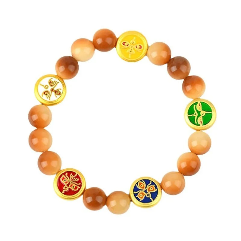 Yellow bodhi seed bracelet with five directions geometric pattern, adjustable 14-17 inches