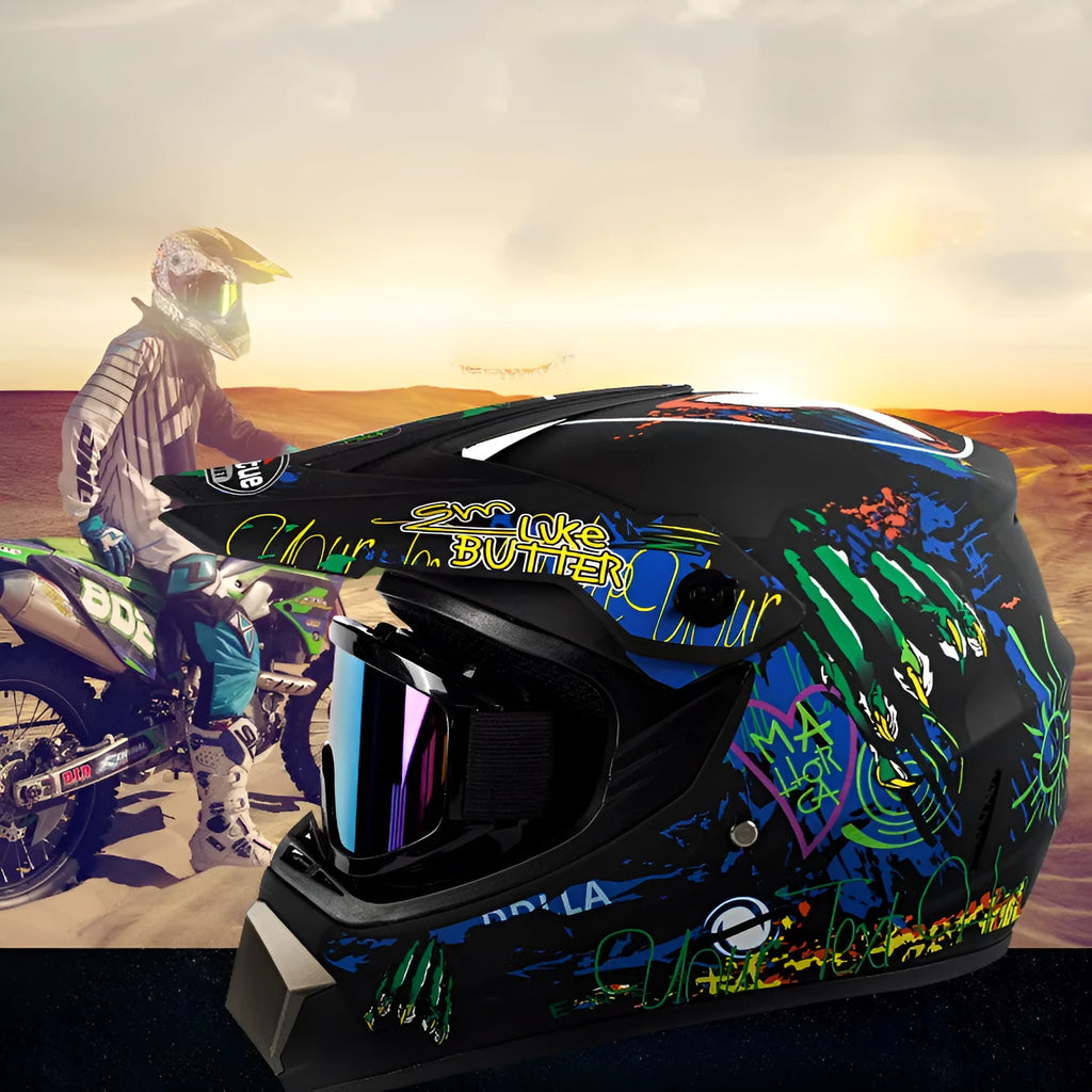 Adult kart and motorcycle helmet with ABS shell in Bright Black Green Boy colour.