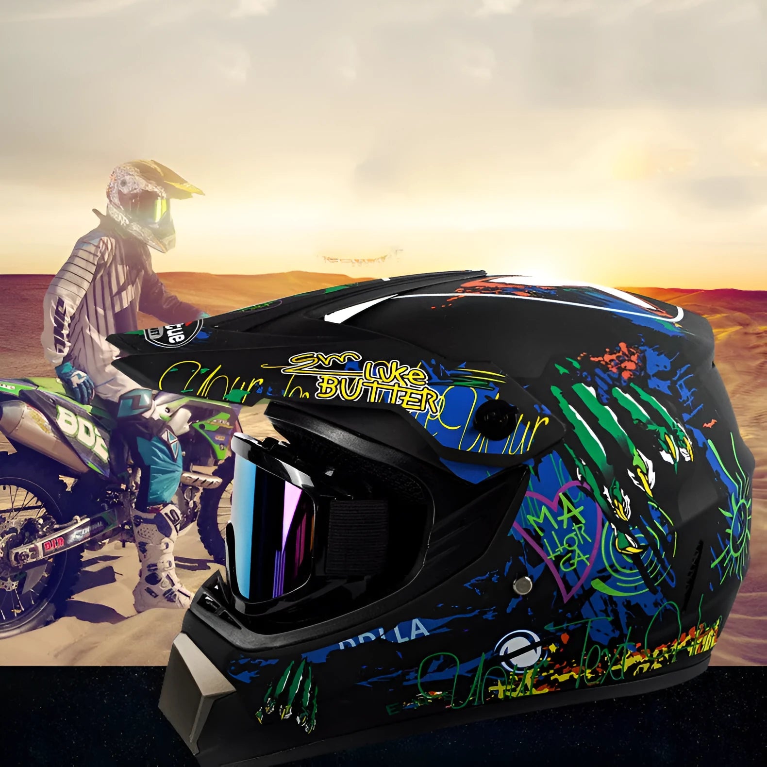 Adult kart and motorcycle helmet with ABS shell in Bright Black Green Boy colour.
